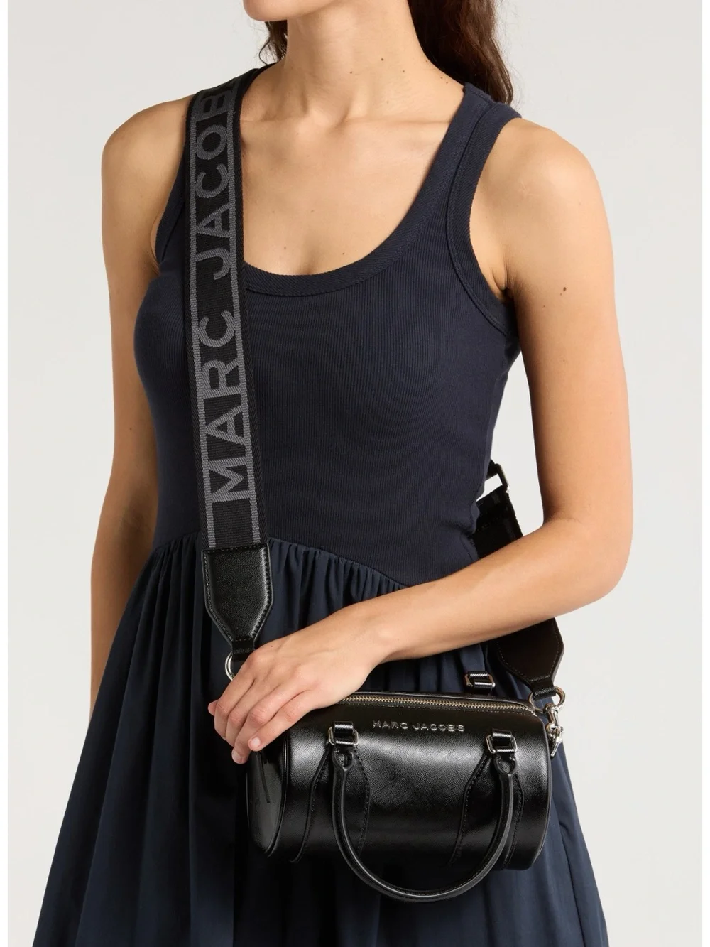 Marc Jacobs Black Leather Barrel Satchel with Logo Strap